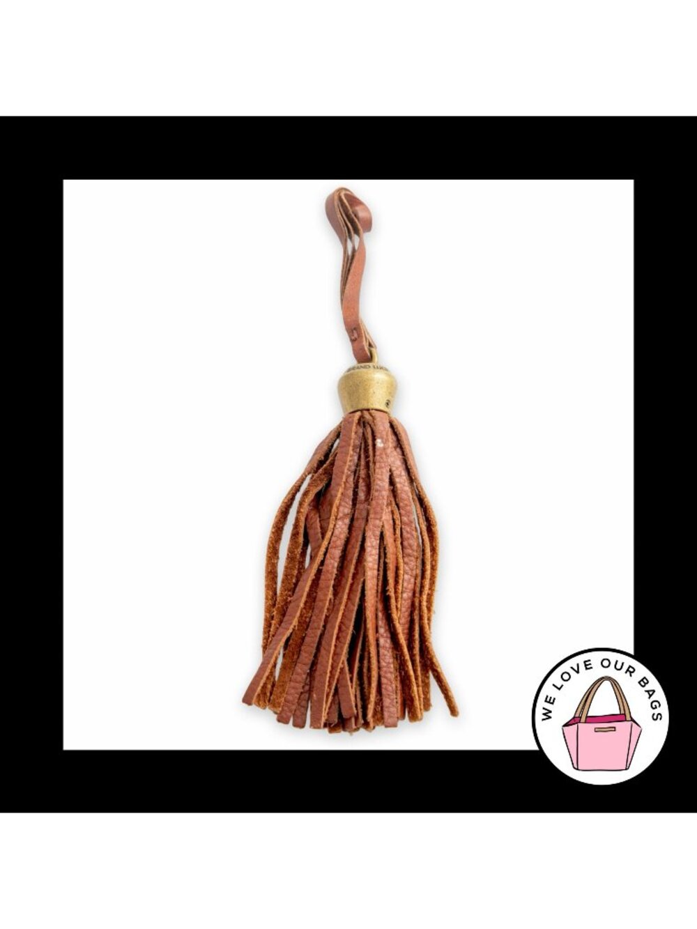LUCKY BRAND Gold Brass Brown Leather Tassel Strap Bag Charm HangTag Keychain Fob